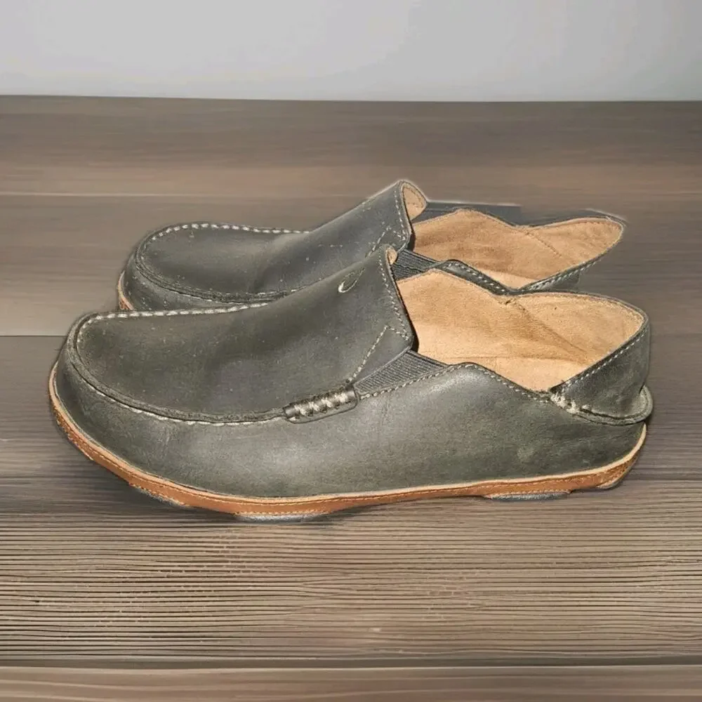 OluKai Moloa Mens Size 9.5 Black Leather Casual Slip On Loafers Shoes